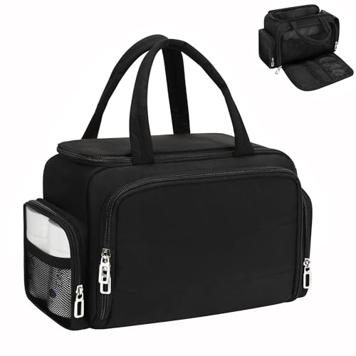 WGEAR Travel Toiletry Bag for Women, Lightweight Wide-open Toiletries Travel Bag with Handle, Large Cosmetic Organizer with Makeup Brushes Compartment for Essentials for Trip, Camping - Black