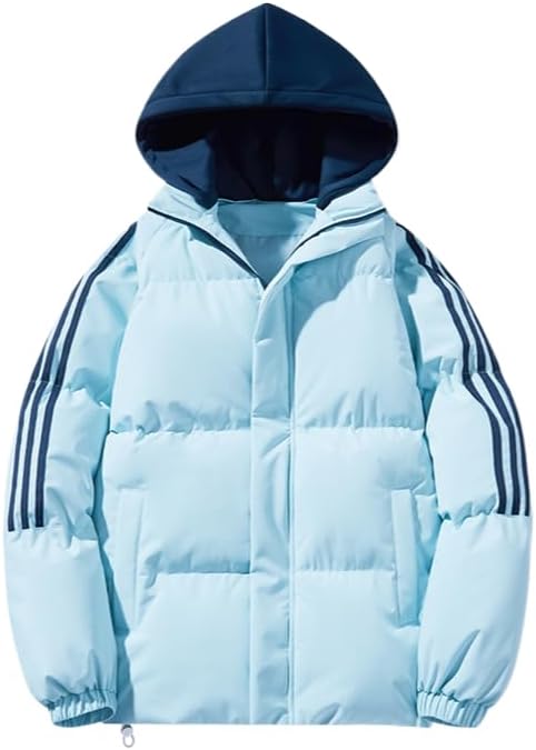Unisex winter down jacket with striped sleeves, hooded windproof and warm cotton coat