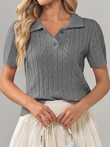 Image of Imily Bela Womens Polo V Neck Pullovers Lightweight Short Sleeve Cable Knit Sweater Business Casual Summer Tops 2025