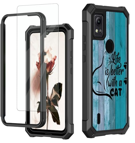 RAUEDWDJS for Cricket Icon 5 Case, AT&T Motivate 4 Phone Case with Glass Screen Protector,360 Full-Body Hard PC & Soft TPU Bumper Shockproof Protective Phone Case for Icon 5th,Cat Paw