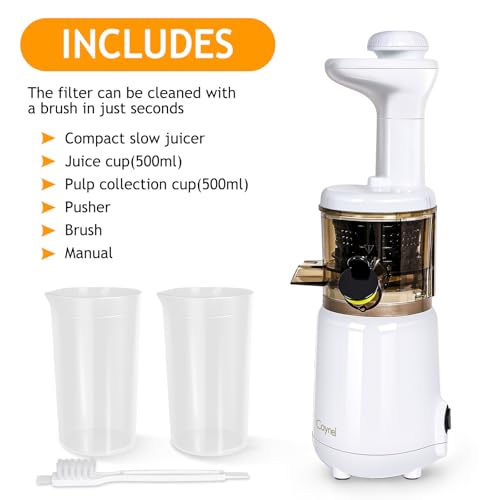 CAYNEL Compact and Portable Cold Press Juice, Masticating Slow Juicer with 1.77” Extra Wide Inlet Funnel for Fruites and Vegetables,Includes Brush, 16 oz Juice Cup, Easy to Clean,White - Thumbnail 4