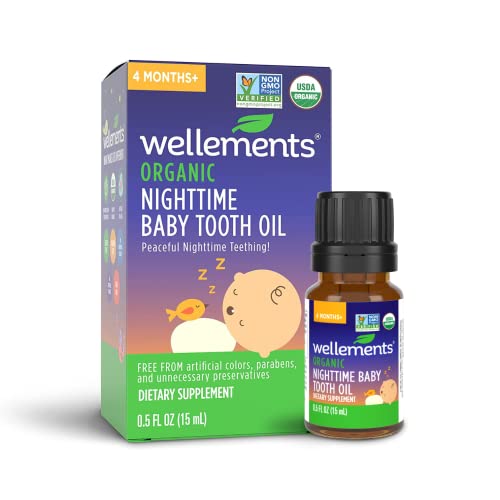 Image of Wellements Organic Nighttime Baby Tooth Oil. Soothing Massage Oil for Tiny Gums. Promotes Peaceful Nighttime Teething. Organic Blend of Essential Oils & Sleepytime Herbs. 0.5 Fl Oz. 4 Months +
