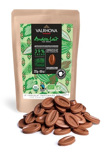 Valrhona Premium French Baking Milk Chocolate Discs (Feves). ANDOA 39% cacao. Organic, Fair Trade, Easy Melt, Easy to chop, Creamy, Balanced. For Sauces, Mousses, Frostings, Desserts 250g (Pack of 1)