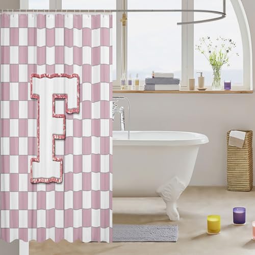 Image of Erosebridal Pink Initial F Bathroom Curtain Kawaii Plaid Checkered Shower Curtain 72 inch Wx78 L Cute Personalized Monogram Bathroom Accessories for Kids Girls,Fashion Grids Gingham Shower Decor