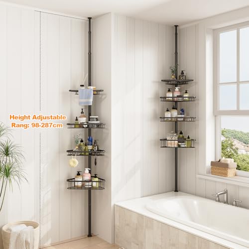 Dripex 4 Tier Shower Caddy, Rust-Proof No Drilling Telescopic Organiser Bathroom Shelves Adjustable Corner Storage Rack with Basket 98CM-287CM (Black)