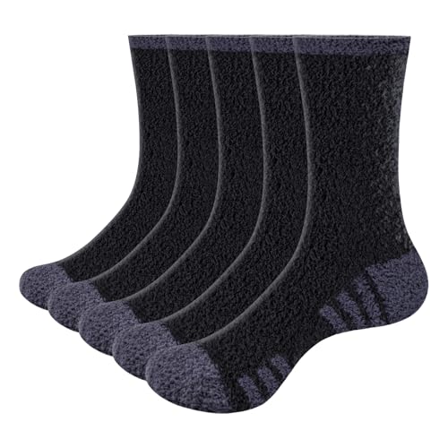 GiveGift 5 Pairs Mens Cozy Fluffy Socks Sleep Fuzzy Socks Loose Comfy House Thick Slipper Bed Sock for Men 9-12 Black Multipack