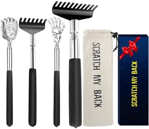 Oversized Back Scratcher Gift Set, 4 Pack Portable Extendable Stainless Steel Telescoping Massage Tool, Gift/Stocking Stuffers for Men Women