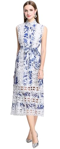 Image of LAI MENG FIVE CATS Women's Sleeveless Hollow Out Lace Button Up Casual Midi Party Dress with Belt