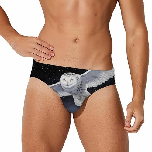 Flying Snowy Owl Printed Swim Briefs for Men Sexy Bikini Swimwear Elastic Beach Trunks Bathing Suit