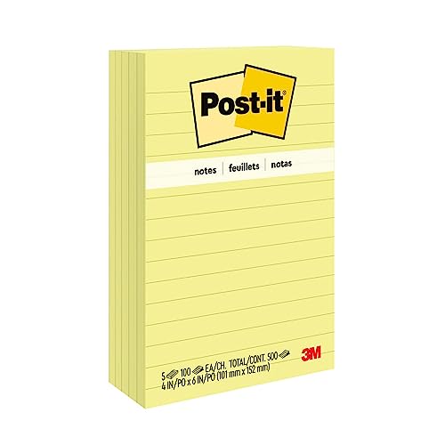 Post-it Notes, 4 in x 6 in, 5 Lined Sticky Notes Pads, 100 Sheets per Pad, Canary Yellow, The Original Post-it Note, School Supplies and Oﬃce Products