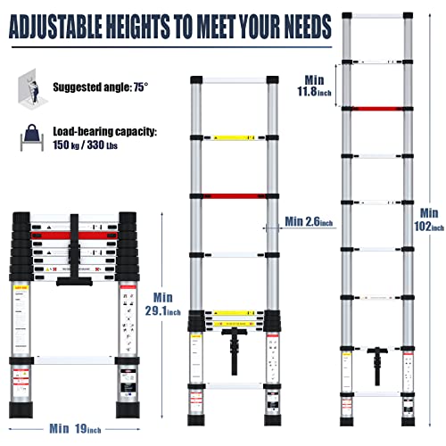 Telescopic Ladder 8.5Ft Bohopop Aluminum Extension Ladder With Non-Slip Feet, Portable Telescoping Ladder For Household And Outdoor Working, 330Lbs Carrying Capacity #TOP1