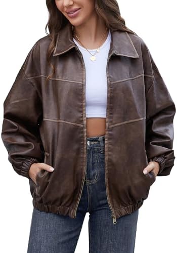 Bakyarder Womens Oversized Y2K Faux Leather Jackets Vintage Plus Size Fashion Motorcycle Coats Fall Fashion Outfits 2025 Coffee Medium