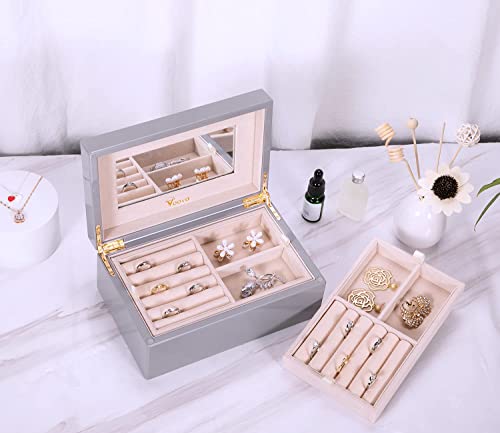 Voova Wooden Jewelry Box Organizer For Women Teen Girls, Luxury Piano Paint Wood Jewelry Case With Mirror, Large Jewellery Storage Boxes Display Holder With Removable Tray For Earrings Rings, Gray #TOP7