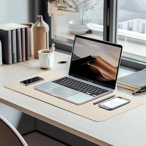 Image of AROPANA Vegan Leather Desk Mat | Large Reversible Mouse Pad & Computer Table Protector | Dual-Side Waterproof Extended Laptop Pad with Edge-Stitched Design (60x35CM, White and Coffee)