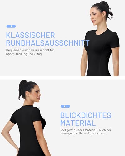 Runhit Kompressionsshirt Damen Kurzarm – Sportshirt mit Klassischem Schulter-Schnitt, Atmungsaktiv & Schnell trocknend, Funktionsshirt für Fitness Gym Laufen Yoga, Schwarz – Zeitlos & Sportlich M
