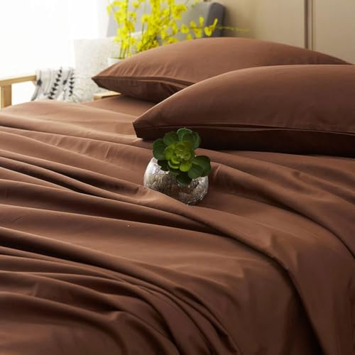SONORO KATE Bed Sheet Set Super Soft Microfiber 1800 Thread Count Luxury Egyptian Sheets Fit 18-24 Inch Deep Pocket Mattress Wrinkle-4 Piece (Brown, Queen)