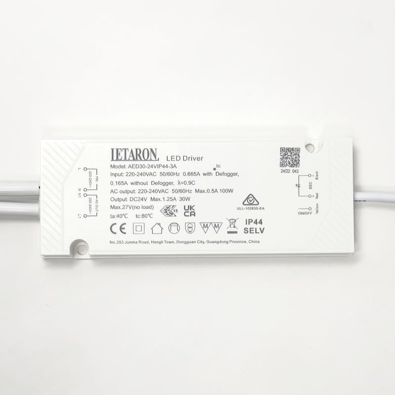 LETARON LED Driver Treiber AED30-24VIP44-3A Power Supply Trafo Transformator SELV 27V 50/60Hz 30W 1.25A mit Kabel weiß