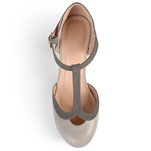 Brinley Co. Womens Cut Out Round Toe T-Strap Two-Tone Matte Mary Jane Pumps Grey, 7 Wide Width US4