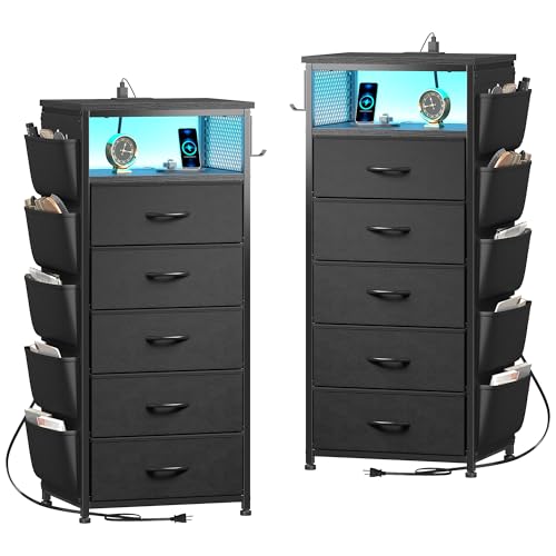 Image of EnHomee Nightstands Set of 2 with 5 Drawers, Black Dresser with Charging Station and LED Light, Tall Nightstand with Extra Side Bag & Hooks, Bedroom, Closet, Hallway, Entryway, Black