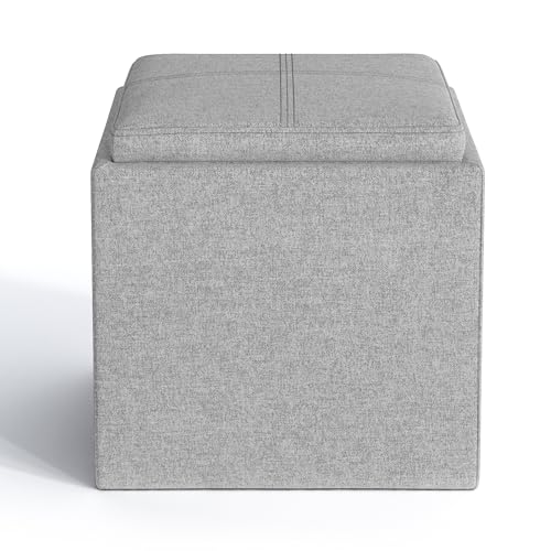 image for SIMPLIHOME Rockwood Cube Storage Ottoman with Tray - 17 inch Wide Upho