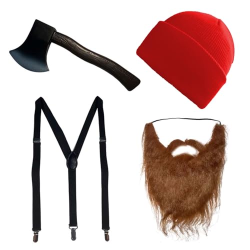 4 Pieces Lumberjack Costume Halloween Men Women Lumberjack Accessories Include Red Hat Beard Suspender Foam Axe for Halloween Costume Cosplay Party