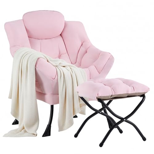 Givjoy Cozy Lazy Chair with Ottoman, Large Contemporary Accent Peach Pink Chair Set, Leisure Upholstered Reading Armchair for Office, Bedroom, Living Room, Dorm Rooms, Balcony