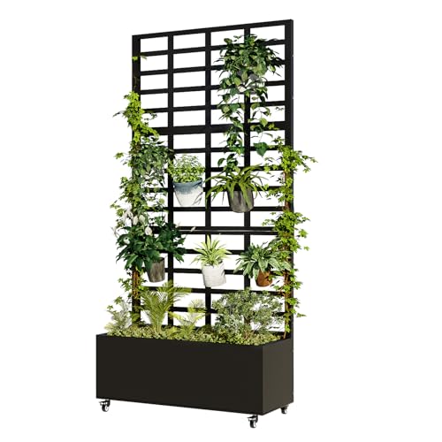 Tcomhk Metal Planter Box with Trellis for Climbing Plants, 74.8"x35.83"x15.16" Raised Garden Bed with Privacy Screen, Outdoor Planter with Drainage Holes, Black