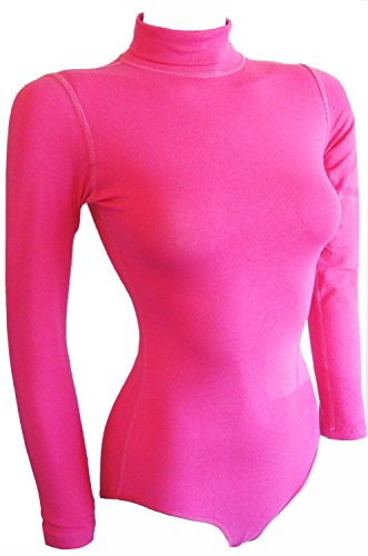 Image of elegance1234 Ladies Women's Turtleneck Long Sleeve Cotton Leotard/Bodysuits (Small, HOT Pink)