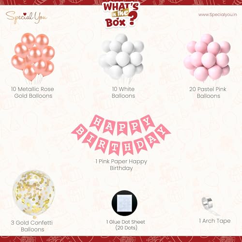 Image of SpecialYou.in Happy Birthday Decoration Kit For Girls Pastel Pink And White Balloons With Happy Birthday Pink Banner Diy Kit For 1St 2Nd 18Th 25Th Birthday Decoration Pack Of 46