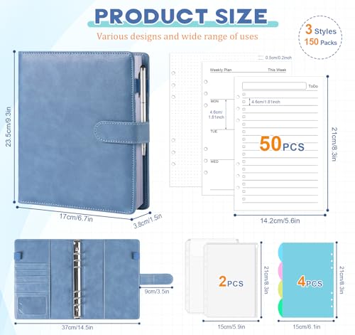 Agoer A5 Ringbuch Nachfüllbar,PU-Leder Notizbuch mit Binder +150 Blättern[To Do Liste/Wochenplan/Notizbuch],6 Ringe Leather Planner A5 Bindermappe für Schulnotizen,Reisetagebücher,Büroorganisation