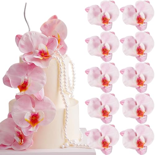 10pcs Pink Butterfly Orchid Flower Cake Toppers for Women Birthady Cake Decorations Phalaenopsis Cupcake Toppers Artificial Flowers for Cake Decorating Supplies Floral Wedding Decor Party Decorations