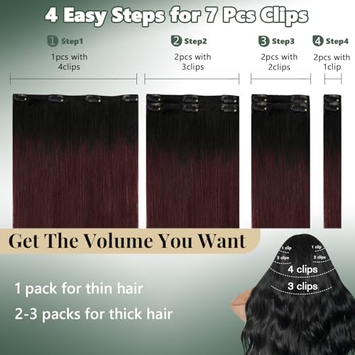 Image of Ugeat Human Hair Clip in Extensions, Clip in Human Hair Extensions 22 Inch 7pcs 120g, Clip on Hair Extensions for Women, Natural Black Ombre Burgundy