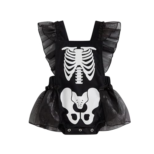 Image of GOOCHEER Newborn Infant Baby Girl Halloween Outfit Clothes Skeleton Skull Romper Ruffle Mesh Tulle Dress Bodysuit Jumpsuit