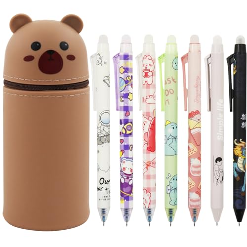 Meanju Lot de stylos effaçables - Trousse 2 en 1 avec 7 stylos à bille effaçables - Support rétractable - Stylos gel bleu effaçable de 0,5 mm - Pour l'école et le bureau