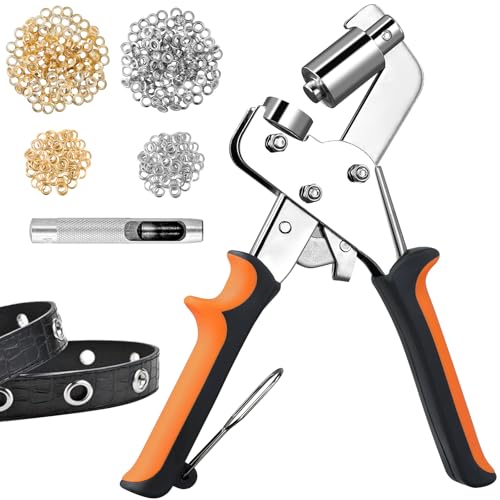 ECHOBUY Set di pinze per occhielli in metallo Ø 10 mm – 300 occhielli in oro e argento, pinza a mano + strumento per la percussione per tessuti in pelle, teloni, tende fai da te