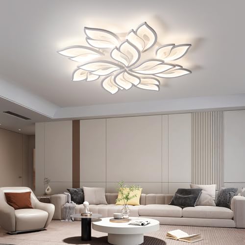 JAYMP 35.4" Flower Shaped Ceiling Light Dimmable Modern Ceiling Lamp Remote Control LED Lighting Fixture for Living Room Kitchen Dining Room (White/12 Petals)
