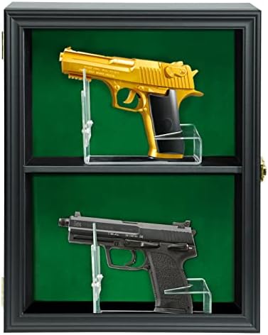 COMSREV 2 Handgun Pistol Revolver Gun Display Case Wall Mount Lockable Black Felt Wood Cabinet w/ 98% UV Protection Acrylic Clear Door Gun Shadow Box Stand Rack Holder (Double Gun Display)