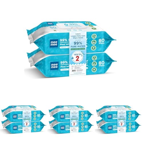 Image of Mee Mee Pure Water Wet Wipes with Lid 80 pcs x 2 (160 Pcs)- Unscented, Plant Derived, Super Thick Baby Wet pure Wipes (Pack of 4)
