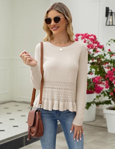 Womens Long Sleeve Cropped Crochet Sweaters Boho Knit Peplum Ruffle Hem Cute Pullover Tops 2025 Fall Outfits S-XL2