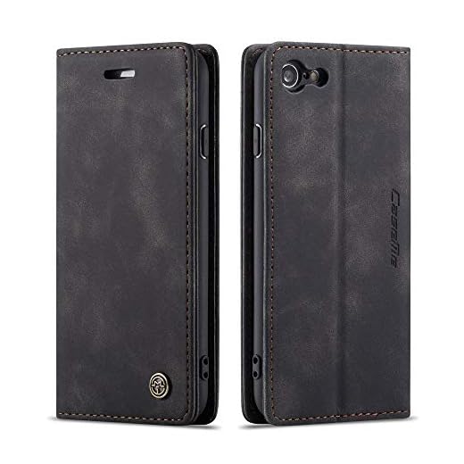 CE Mall Fodral för iPhone 7, fodral för iPhone 8, fodral för iPhone SE 2020 läder flip mobiltelefonfodral skyddande fodral fodral med [magnetlås] [stativfunktion] [kortfack] för iPhone 7 8 SE 2020-svart