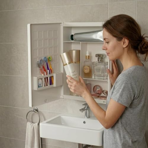 Image of BRANCO Cabinet with Mirror | 4 Shelves Rack | Bathroom Accessories | Wall Hanging Bathroom Shelf Cabinet with Mirror (New Rich Look (11D x 31W x 38H))
