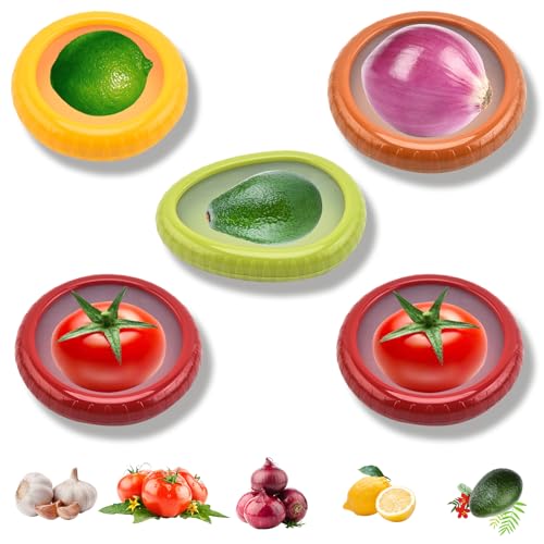 Qivine 5 Piezas Guardar de Aguacate Nevera, Reutilizables Cebolla Recipiente con Silicona Tapa, Refrigerador Conservación de Alimentos para Cebolla, Tomate, Limón
