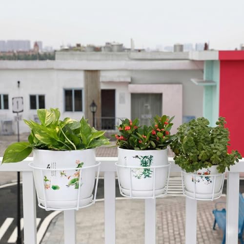 Image of Anti Rust Round Hanging Planters for Balcony Grill | Metal Flowerpot Gamla Stand | Balcony Railing Planter (8, White)