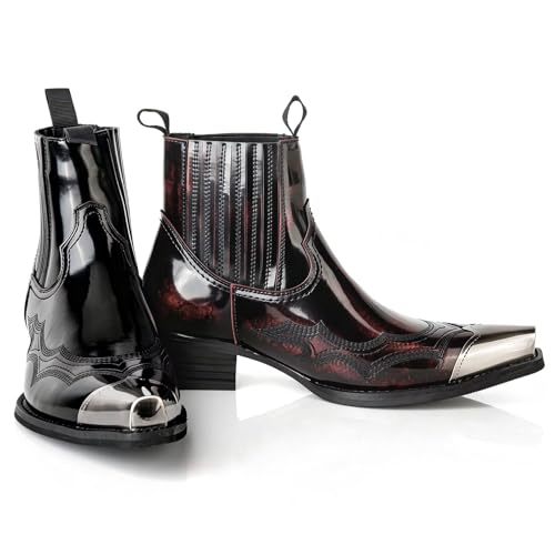 Image of Men's Vintage Patent Leather Chelsea boots, Steel Toe Chelsea Ankle Boots with Embroidered Detail
