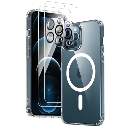 COPIKE Funda Magnética para iPhone 12 Pro MAX con 2 Cristal Templado y 2 Protector Cámara, Compatible con MagSafe, Carcasa Antigolpes Anti-Amarillo Tapa Trasera Resistente Arañazos, Transparent
