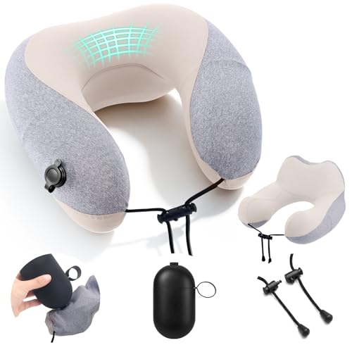 MKLG Aufblasbares Nackenkissen für Flugzeug & Reisekissen 2-in-1 Aufpumpen & Aufbewahrung (Kein Mundblasen) + Erhöhte Nackenstütze (16 cm) mit Ice-Soft-Bezug