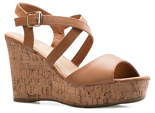 Olivia K Women's Open Toe Strappy Mid Wedge Heel Wood Decoration Buckle Shoes Sandals - Image 5