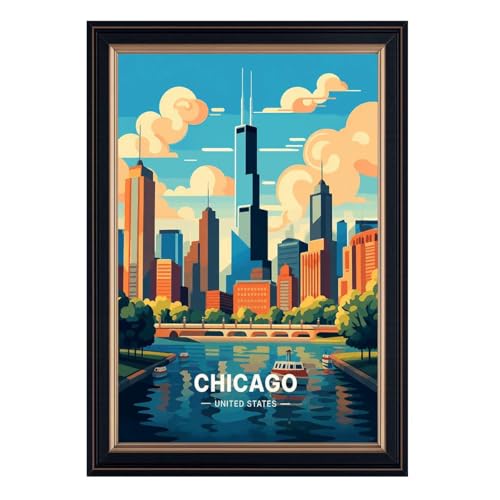 Framed Canvas Wall Art Chicago Cityscape Poster Art Print Modern
