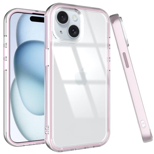 Puxicu Acrylic 2 in 1 for iPhone 15 Case，Anti-Yellowing, Military-Grade Protection, Drop Shockproof Slim Phone Cover for iPhone 15 6.1", Clear+Light Pink