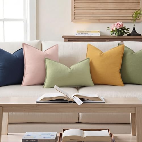 Image of decorUhome Decorative Linen Throw Pillow Covers 12x20 Inch Set of 2 Sage Green Lumbar Pillow Covers with Flange Edges Soft Farmhouse Boho Accent Pillow Cases for Couch Bed Living Room